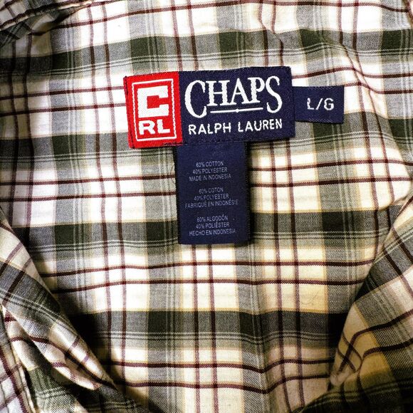 VTG Chaps Ralph Lauren Plaid Button Down Shirt Men's Large Tan Green Cream Brown - Picture 3 of 11
